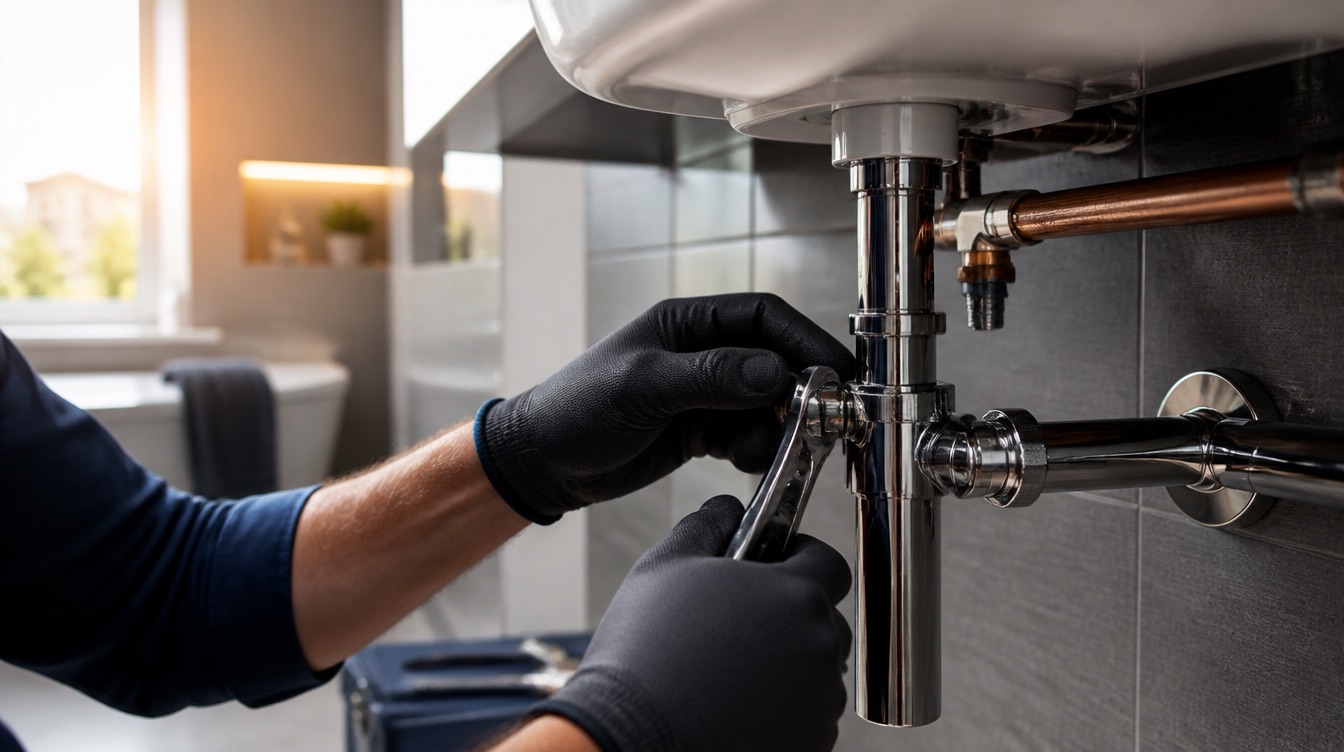 Raccord de plomberie en cuivre et chrome installé sous un lavabo