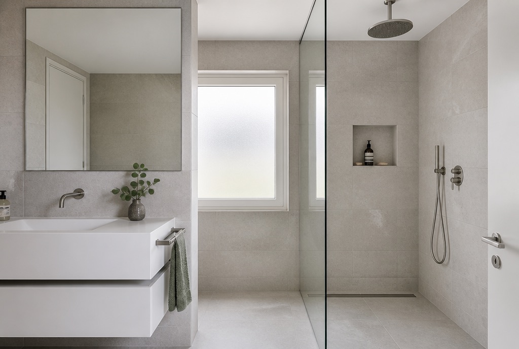 Salle de bains rénovée avec lavabo suspendu et robinetterie chromée